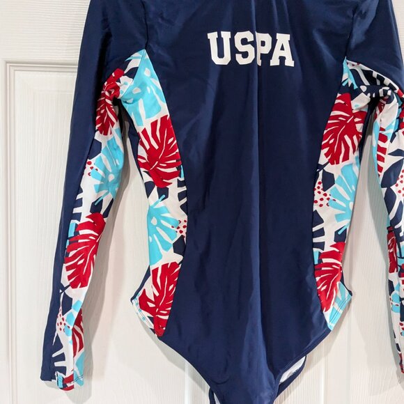 US Polo Assn. Women's Floral Long Sleeve Swimsuit, Navy, Size M (7-9), Tie Back - Picture 4 of 16